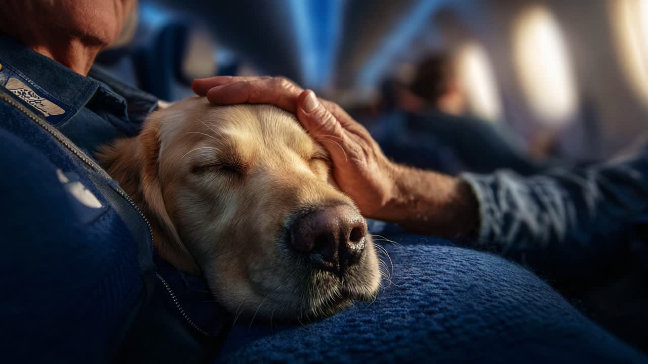 A Comforting Moment: A Golden Retriever Enjoys a Peaceful Slumber on a Flight, Showcasing the Bond Between Humans and Dogs in a Cozy Airplane Setting