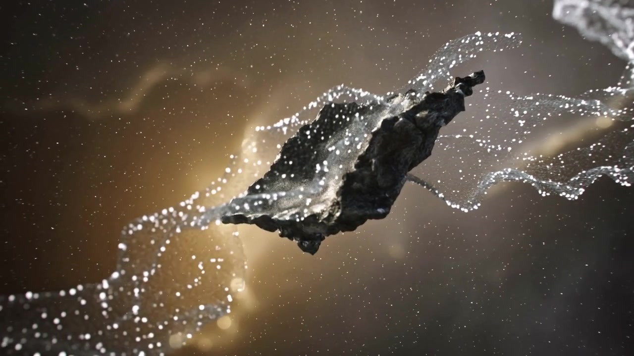 Drifting dark shard rotating upward in glowing nebula while particle ribbons sweeping and wrapping