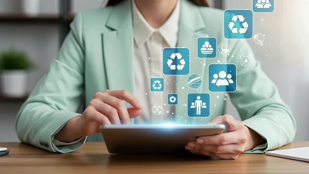 Businesswoman Analyzing ESG Strategy with a Tablet and Floating Recycle Icons