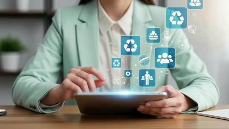 businesswoman analyzing esg strategy with a tablet and floating recycle icons