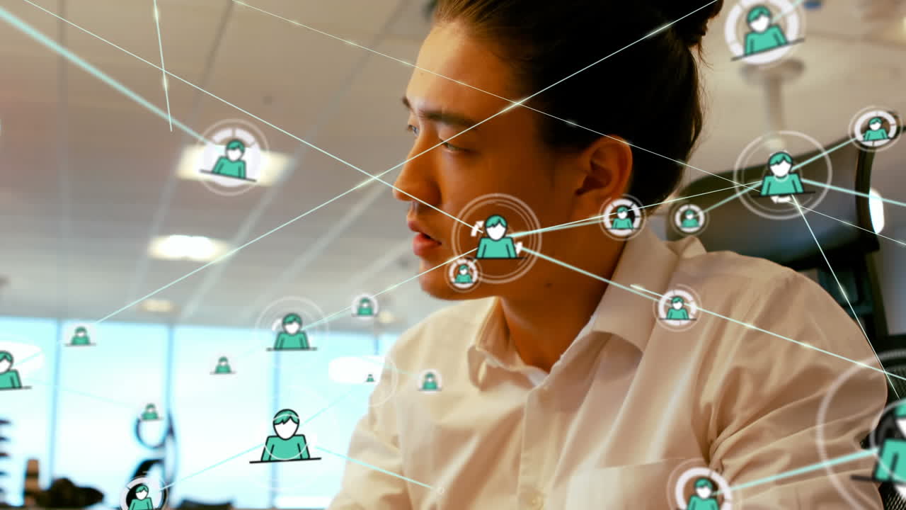 animación de la red de iconos de perfil sobre hombre asiático usando tableta gráfica en la oficina