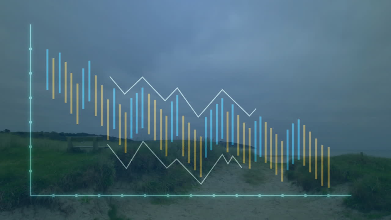 Data visualization overlay floating over dune footpath, showing blue gold bars and cyan line graph