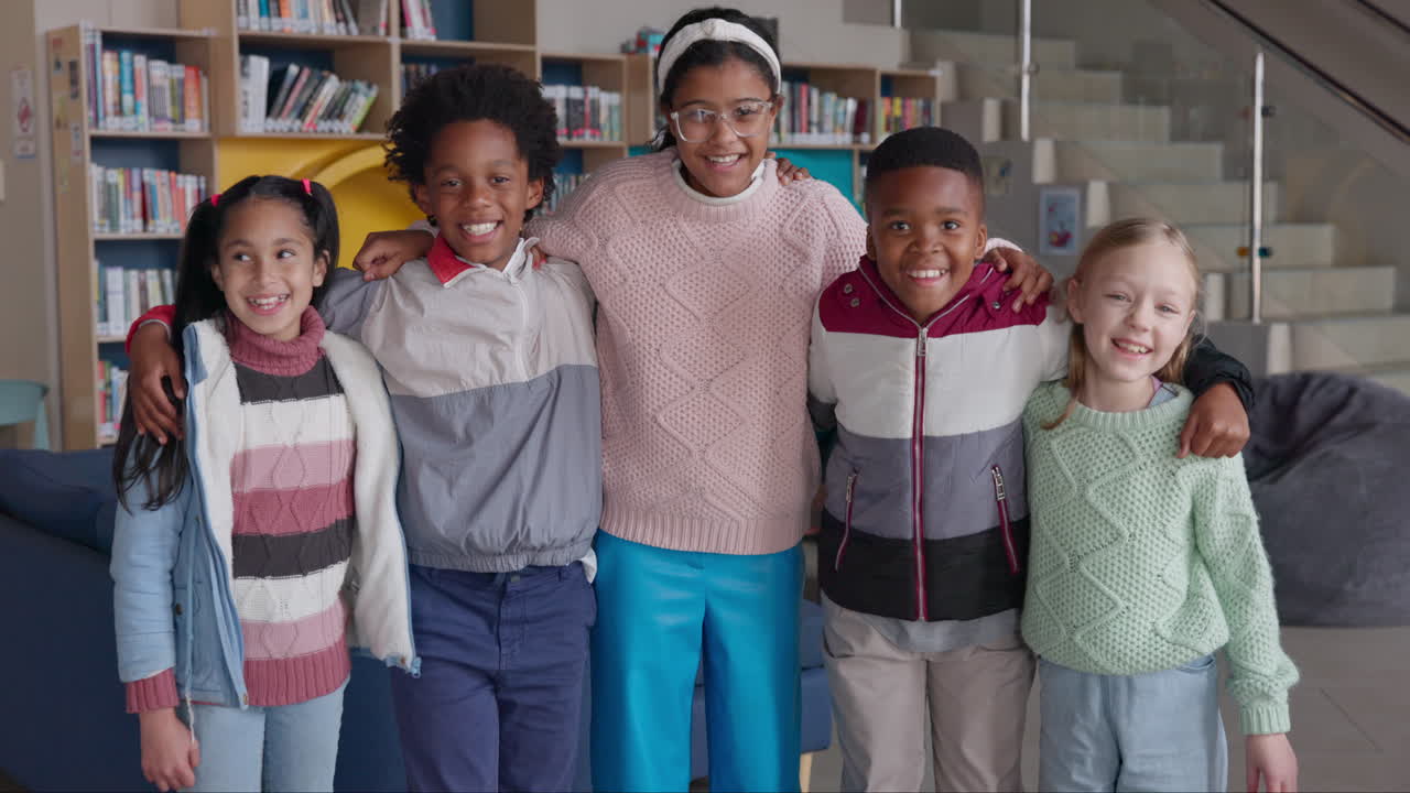 Group of diverse children in a library