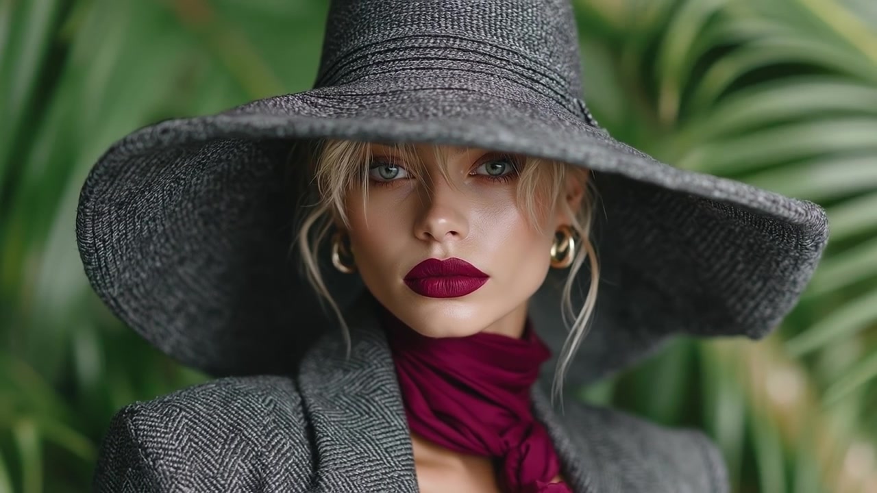 Stylish woman wearing a large grey sun hat and purple scarf outdoors