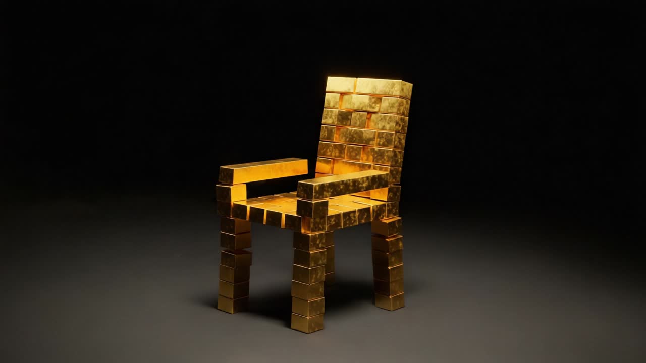 A Stunning Golden Chair Crafted from Bricks, Illuminated Against a Dark Background, Showcasing Luxurious Design and Artistic Decoration in Various Angles