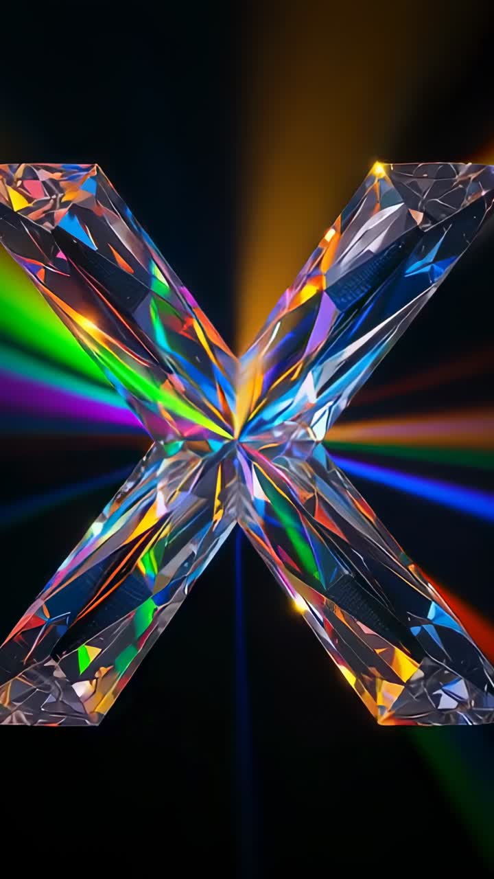 Vertical video: Emerging crystal X radiating colorful beams in black space, looping color shifting