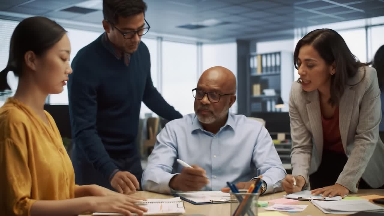 Collaboration in Action: A Diverse Team Engaging in a Productive Workspace Discussion, Analyzing Data and Sharing Insights During a Meeting