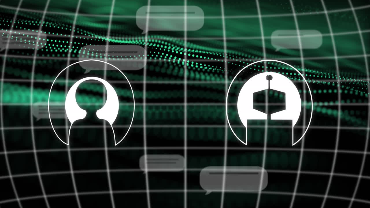 animación del procesamiento de datos sobre cuadrícula y malla verde sobre fondo oscuro