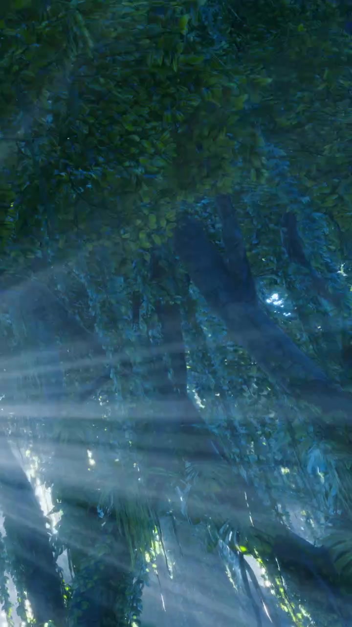La luce splende attraverso gli alberi in una foresta durante le prime ore del mattino