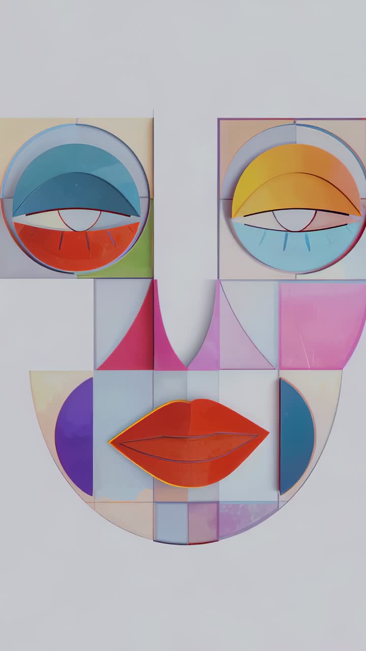 Vertical video: Shifting camera revealing abstract face on gallery wall, rotating to expose red lip