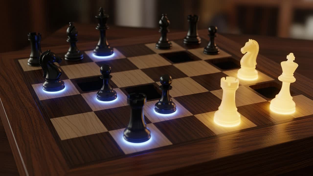 A Captivating Chess Showdown: Illuminated Pieces Strategically Positioned on a Classic Wooden Chessboard, Symbolizing Intense Rivalry and Focused Gameplay