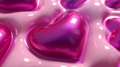 pink and purple glossy hearts on a liquid background