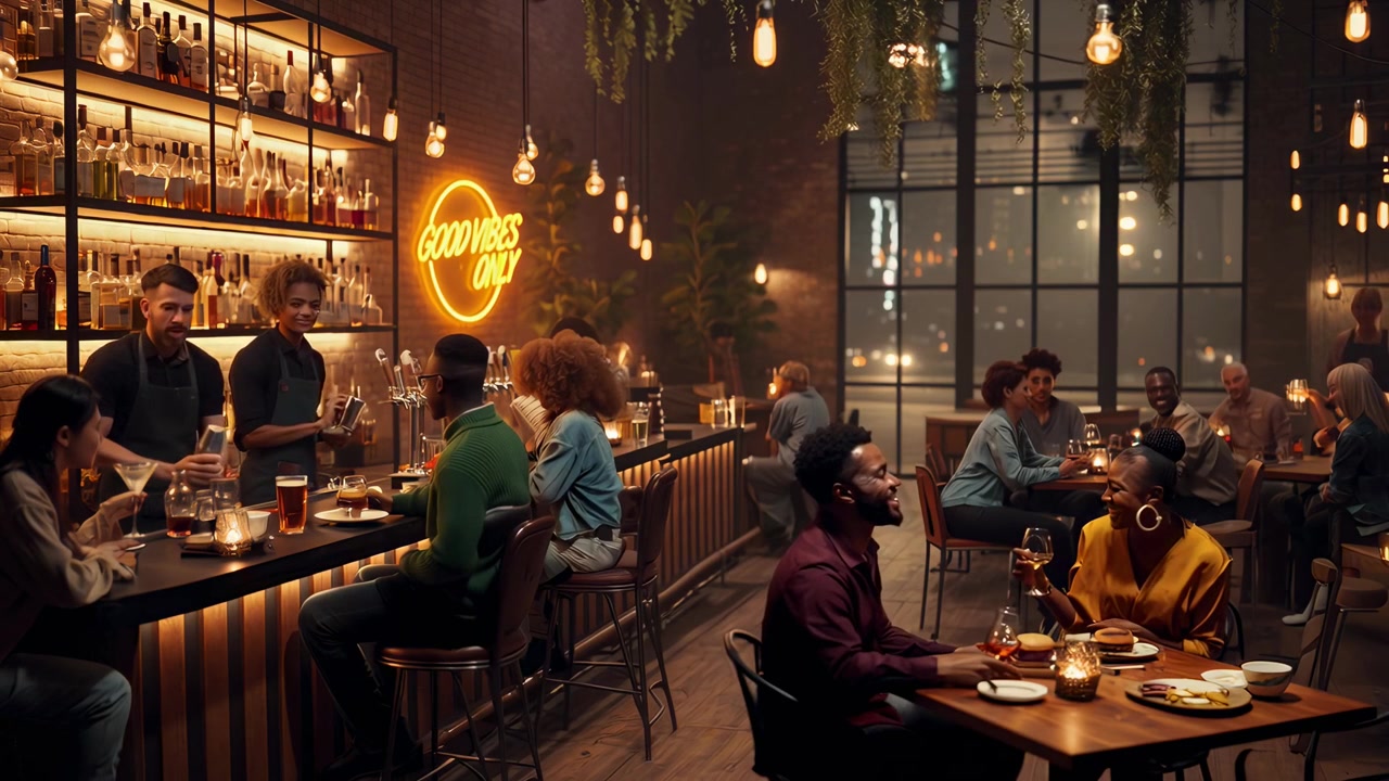 Waitress Serving Food to Customers in a Lively Modern Bar