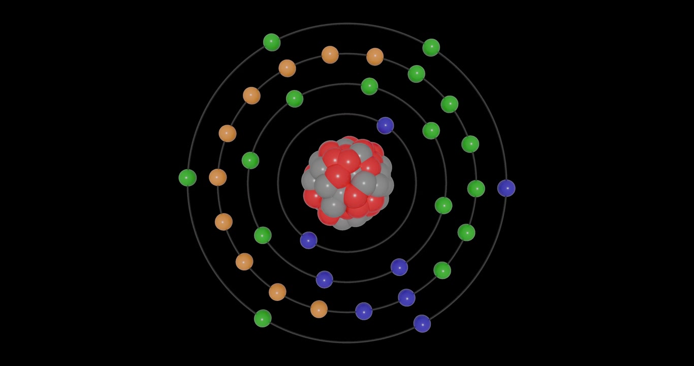 3D animation of a Selenium atom on a transparent background showing shells, subshells, electron orbits, and a nucleus with protons and neutrons, illustrating atomic structure and energy levels.