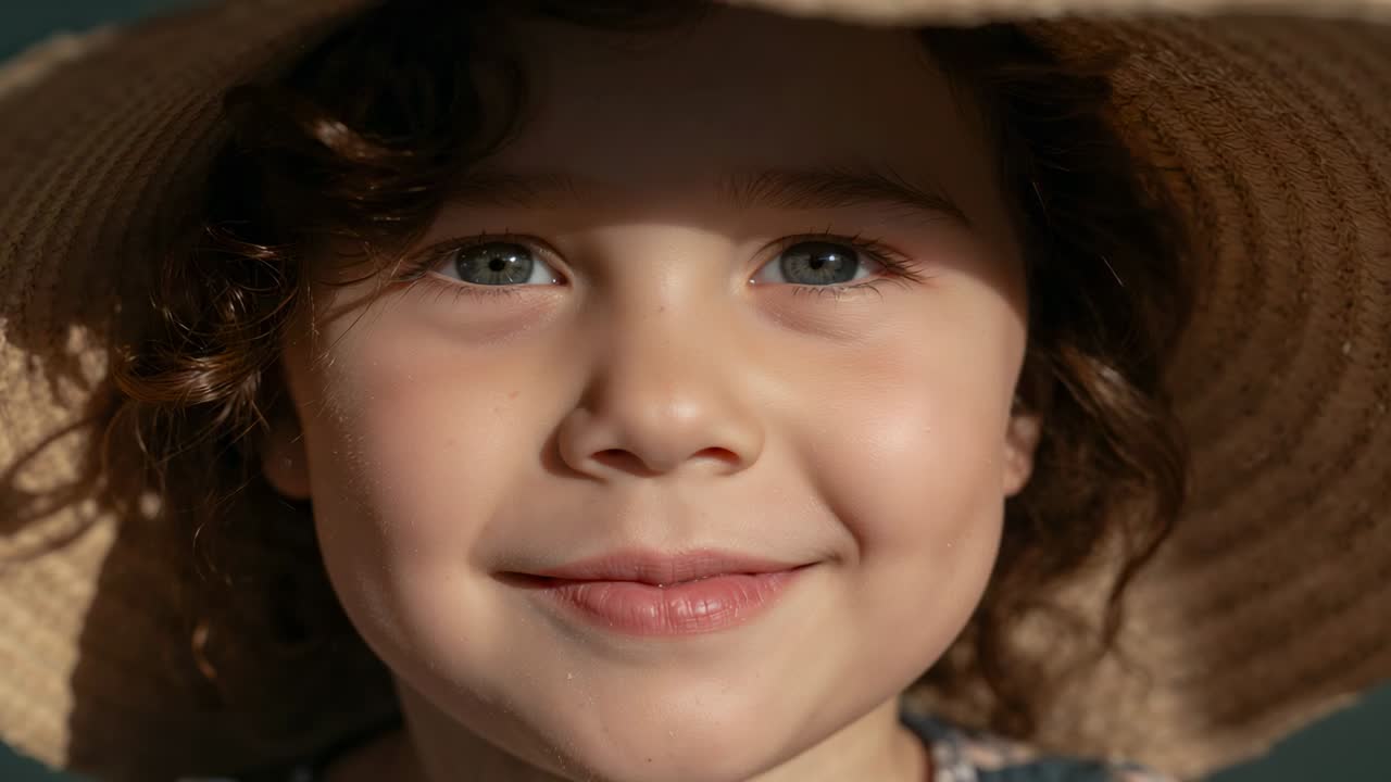 Smiling child in sunhat and beaded-dress blinking from sun on porch, blurred horizontal structure