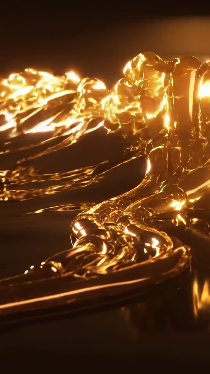 Video verticale: Versamento di liquido dorato che forma filamenti, spargendosi su una base nera sotto le luci dello studio.