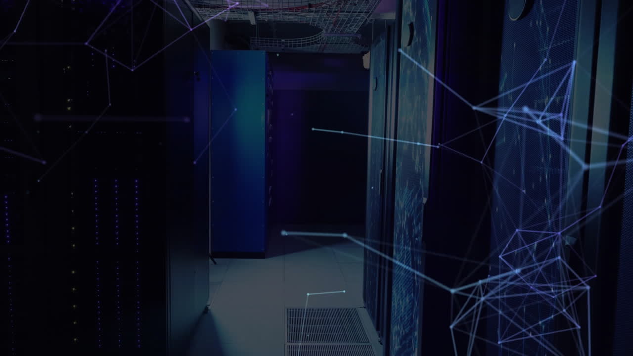 Network of connections and data processing animation over dark server room