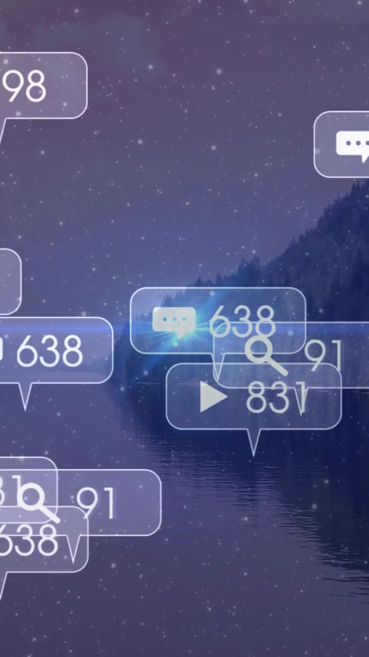 Video verticale: Luce blu costiera che appare e pulsa, generando icone fluttuanti che mostrano l'engagement.