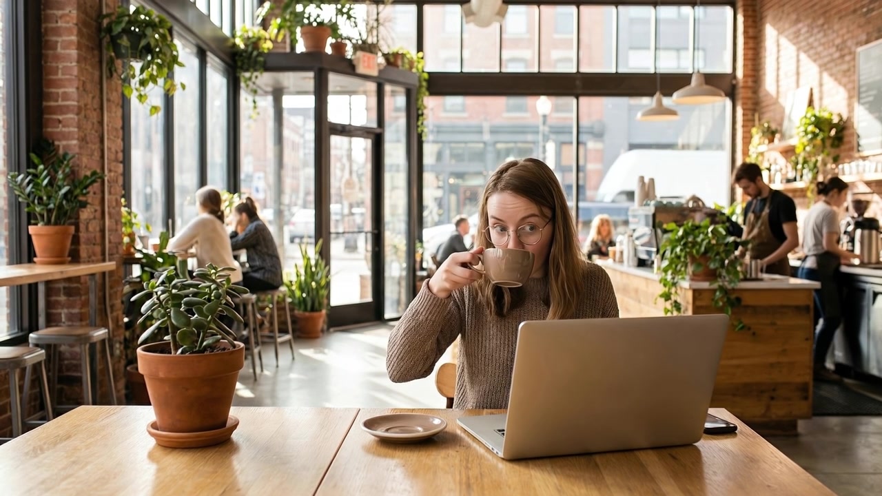Jovem mulher de óculos focada trabalhando em um laptop em um ambiente de café moderno e iluminado
