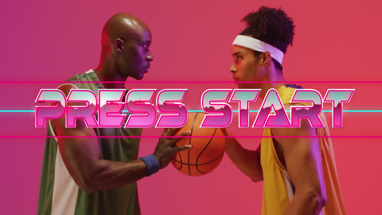 Animation of press start text over neon pattern and diverse basketball players