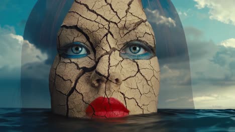 surreal portrait of a woman with cracked skin partially submerged in water, symbolizing drought, climate change, and the struggle for survival