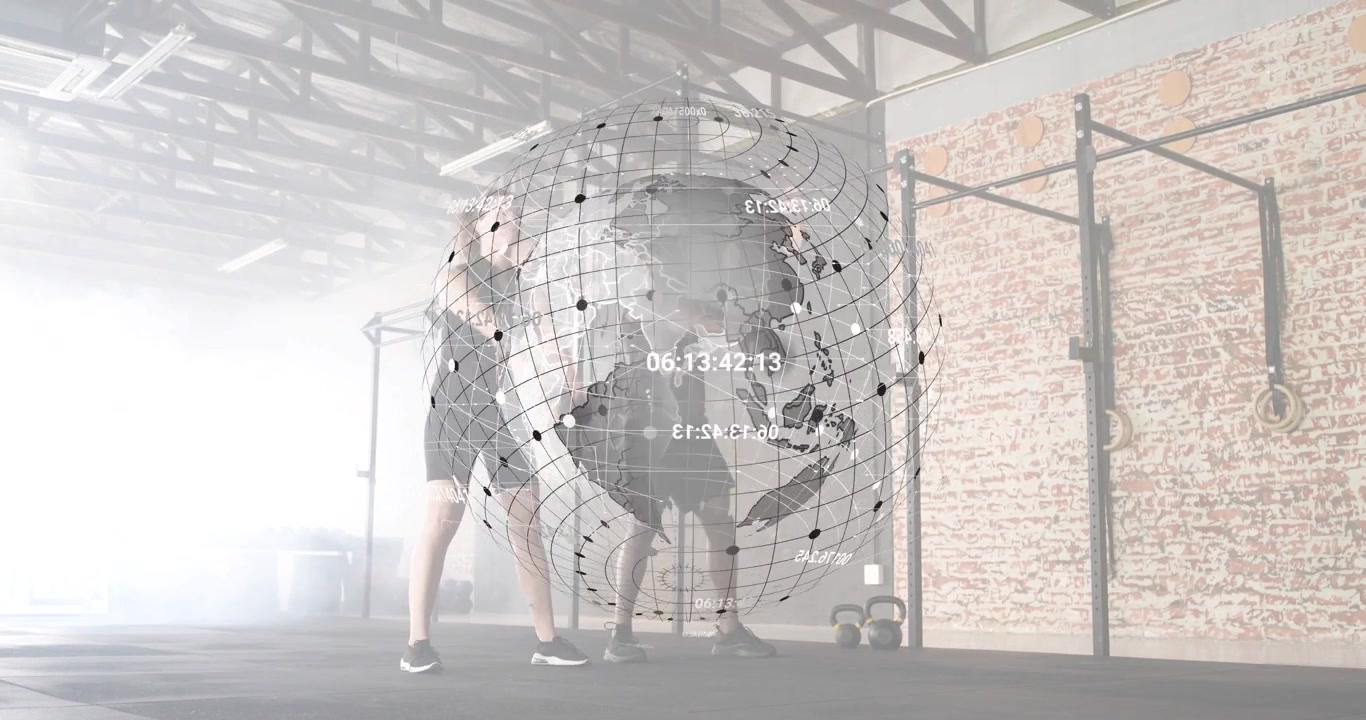 Workout partners hinging and swinging kettlebells generating 3D globe overlay showing fitness data