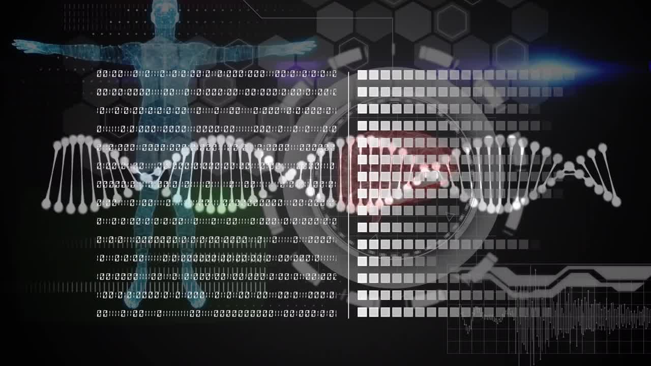Animation of data processing with dna strand on black background