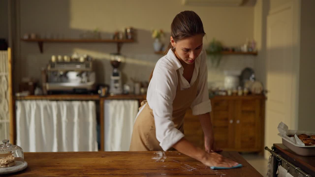 mujer en delantal de café limpiando la mesa