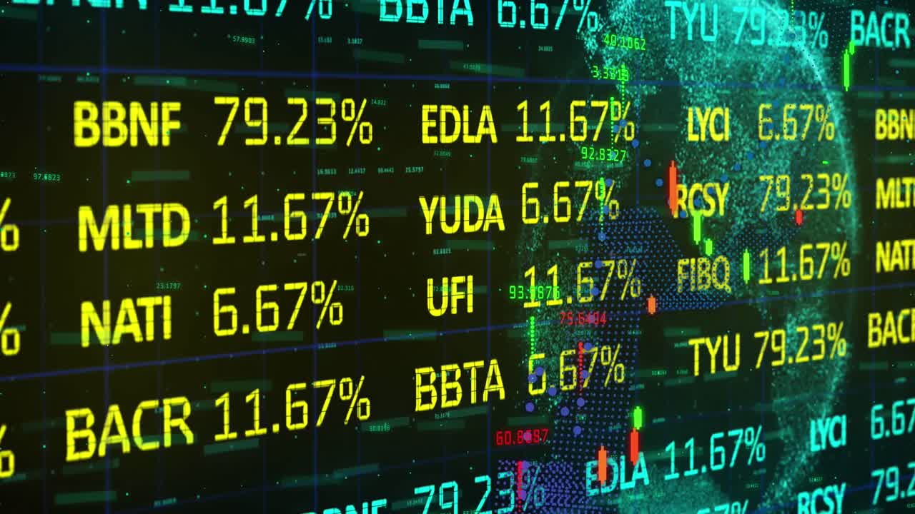 Animazione di elaborazione dati finanziari con globo ed elaborazione di statistiche
