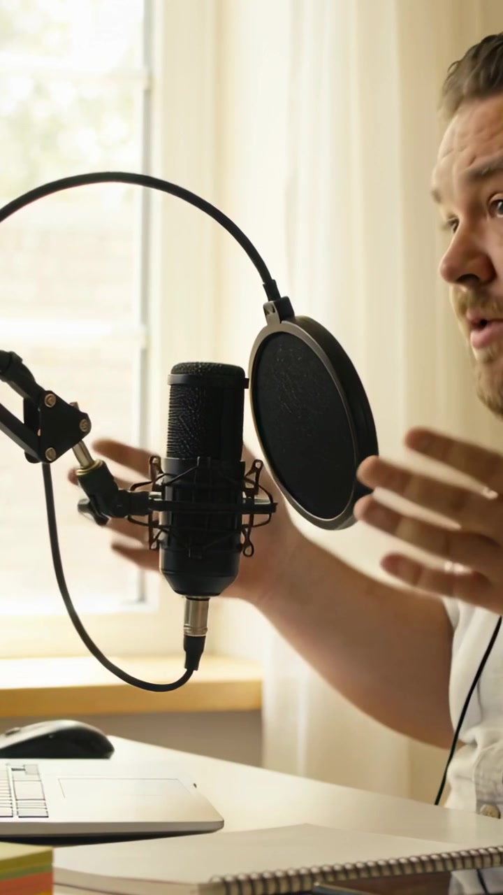 Vertikal video: Live-podcaster i lys skjorte klikker på bærbar computer, taler ind i mikrofon, med plads til tekst.