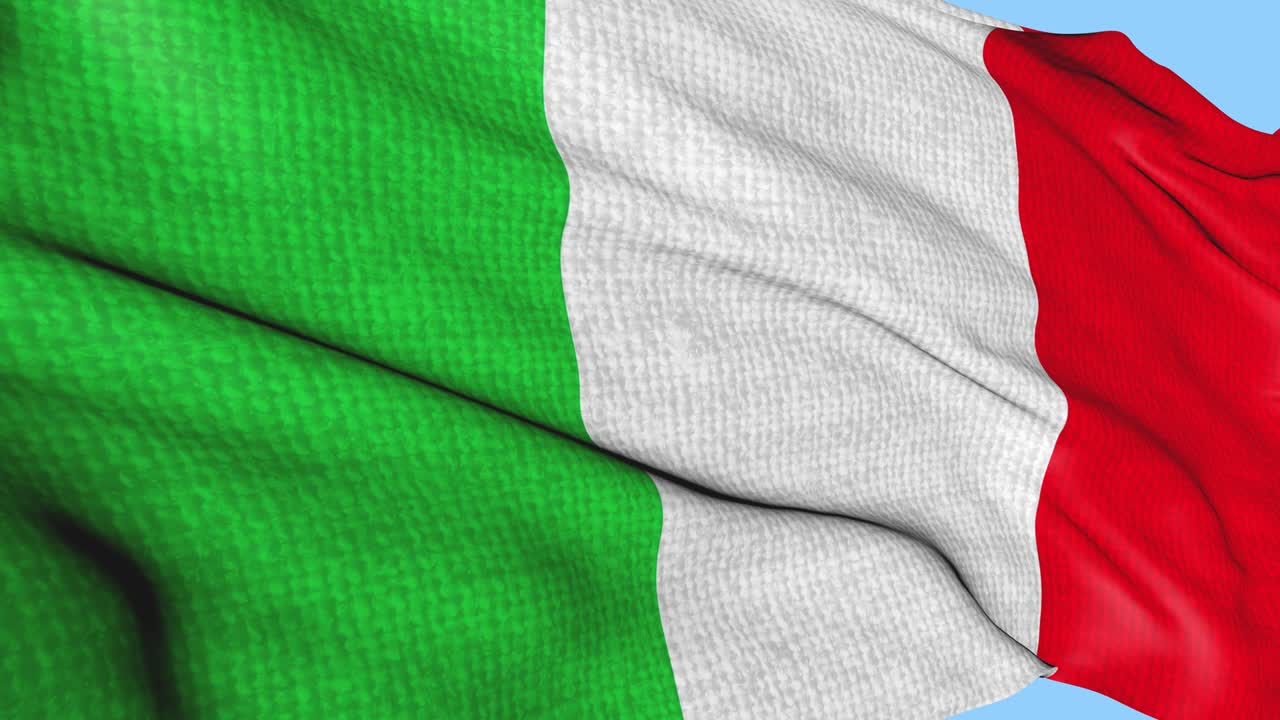 Bandiera italiana con texture di tessuto che sventola al vento. Animazione del simbolo nazionale italiano. Video in loop continuo su sfondo isolato.