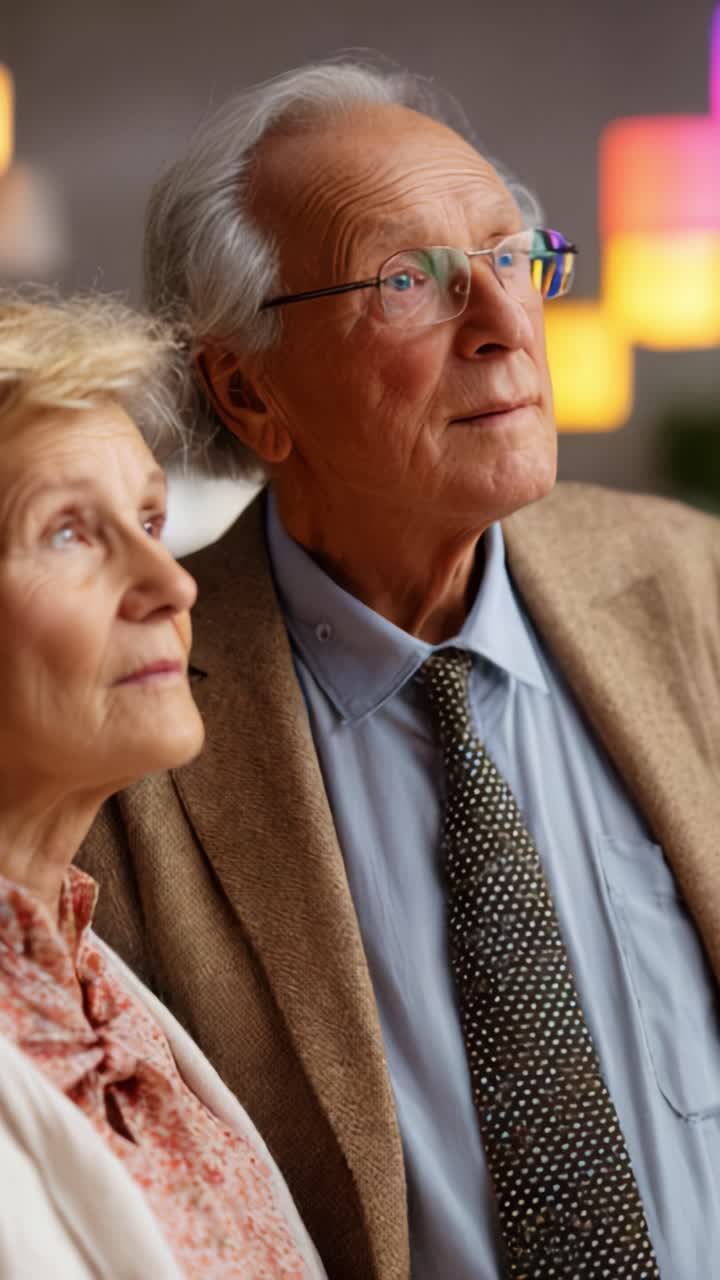 Un momento de reflexión: una pareja de ancianos reflexionando juntos en un ambiente acogedor y cálido, con iluminación tenue y expresiones amables en sus rostros.