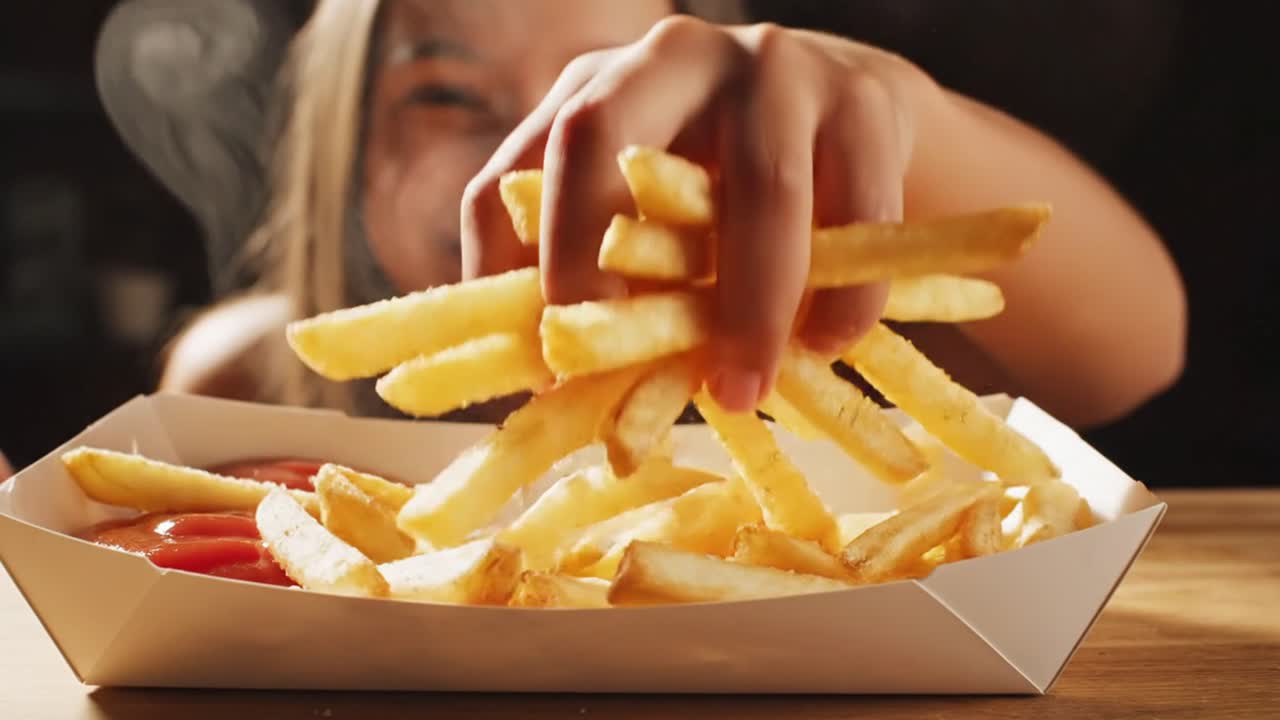 Ragazza che prende patatine fritte calde con ketchup al ristorante