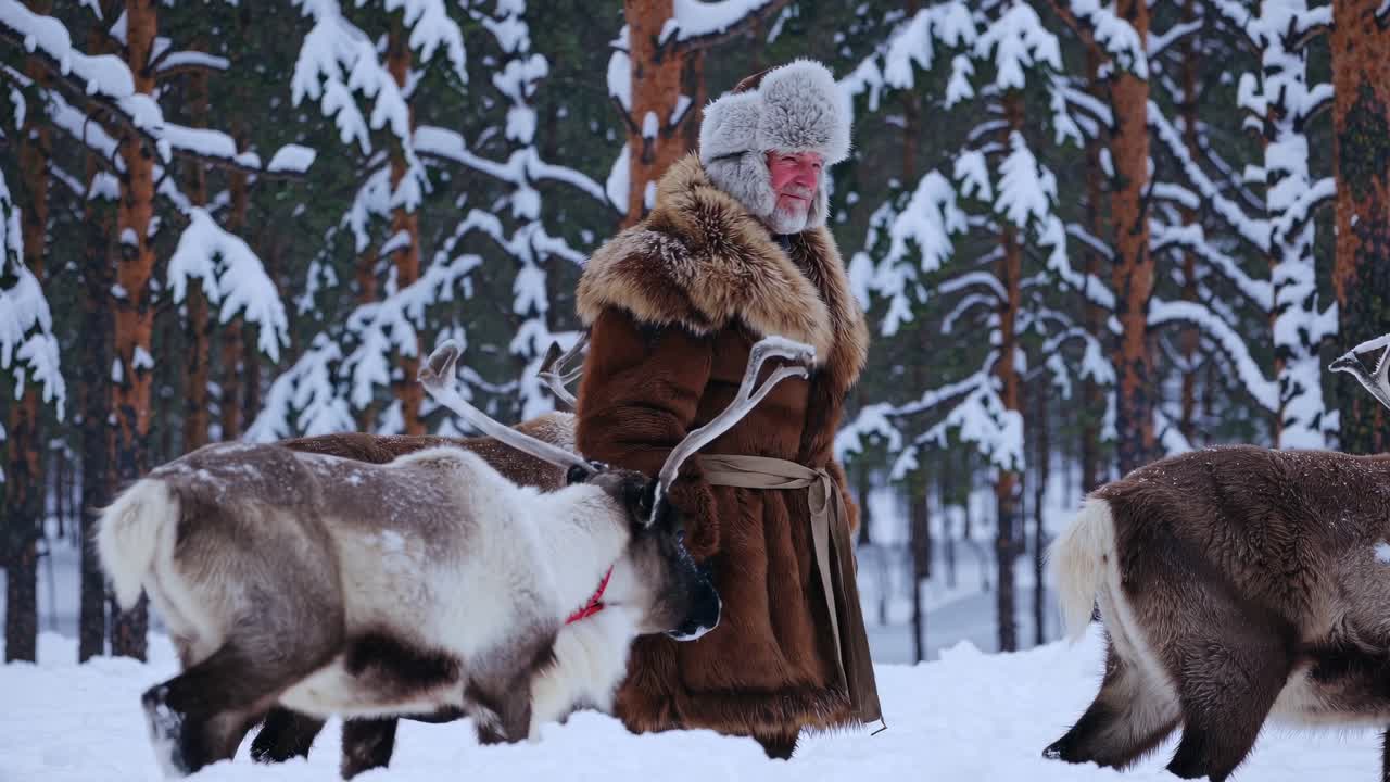 hombre con ropa tradicional con renos en un bosque nevado