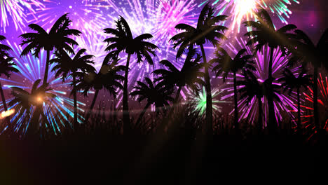 animation of palm trees on tropical beach with fireworks in background