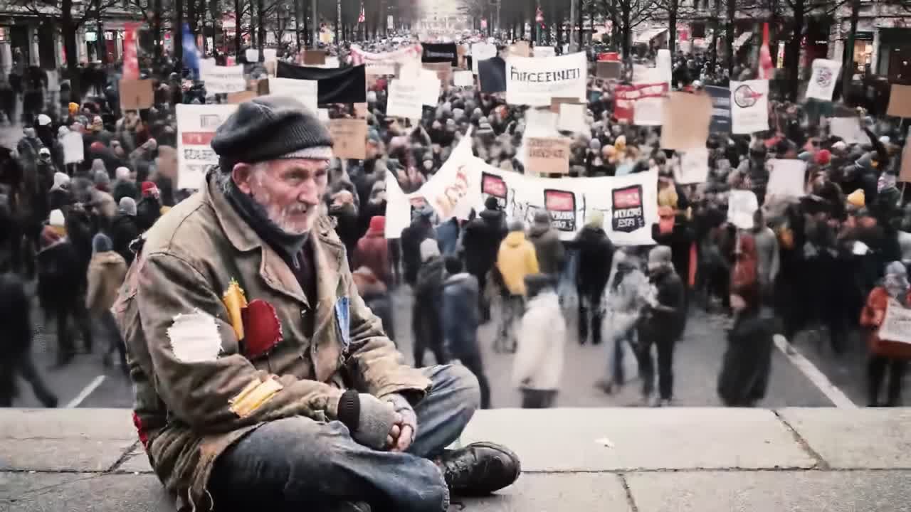 A man sits quietly on the ground, surrounded by a bustling crowd at a protest. People hold signs expressing diverse concerns, creating an atmosphere of activism and urgency in the city center.