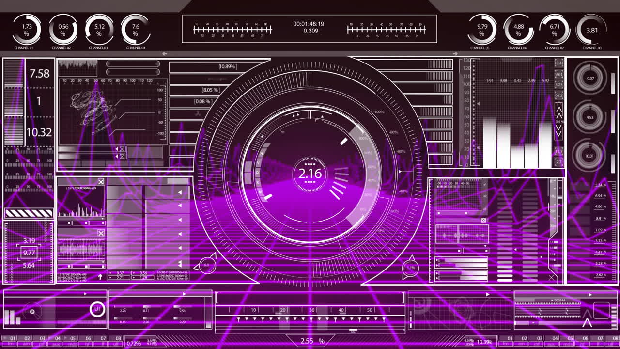 Animation of futuristic digital interface with circular patterns and data in purple