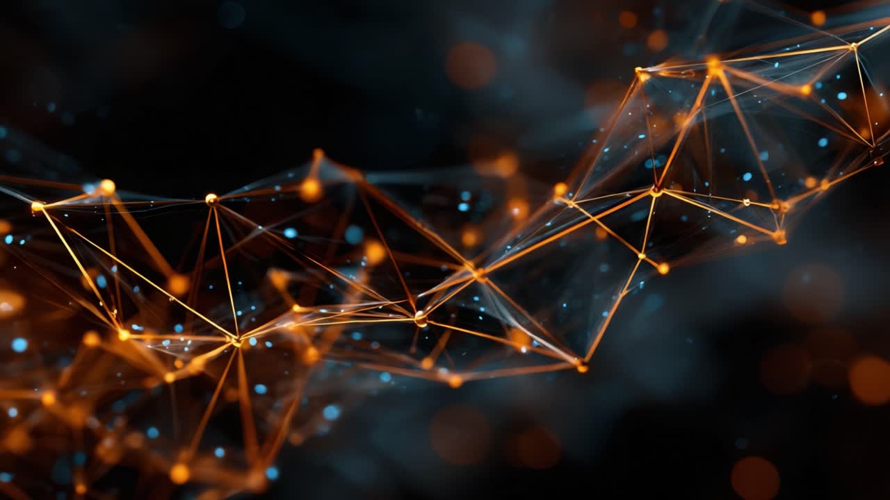 Abstract plexus structure made of glowing nodes and lines moving slowly on a dark background, representing concepts like data transfer, network connection, blockchain, and futuristic technology