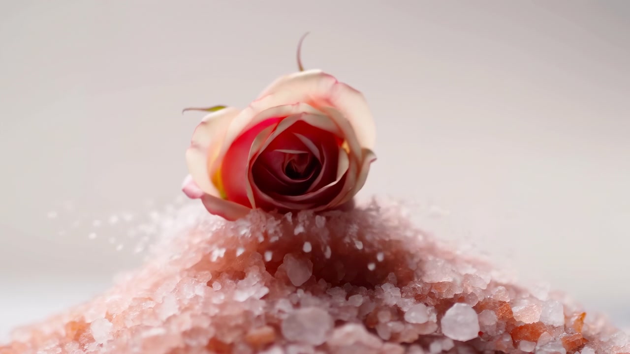Primo piano di una rosa in fiore con petali parzialmente aperti e un centro rosso intenso, sopra un mucchio di granuli di cristallo rosa grossolani su uno sfondo neutro e chiaro, incorniciato con messa a fuoco morbida, profondità di campo ridotta e toni pastello.
