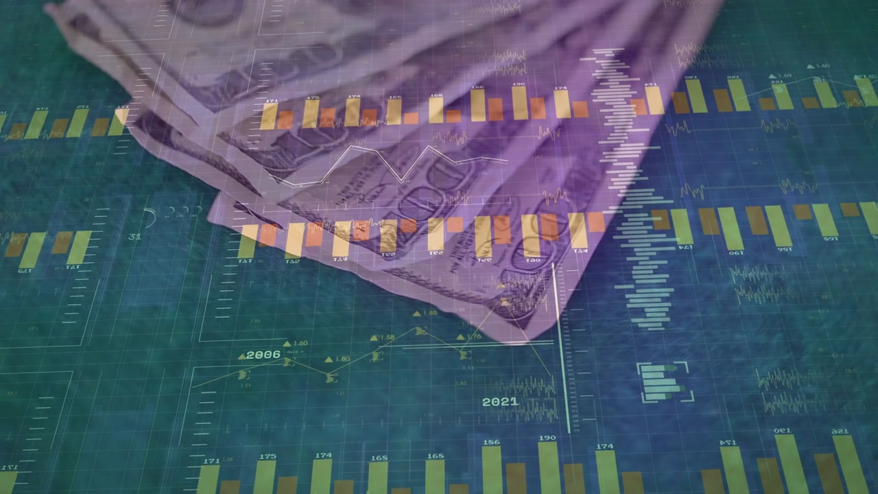 Overlay appearing, fanned US $100 bills receiving expanding yellow bars visualizing market data