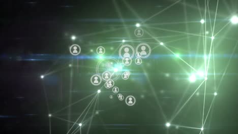 Animation-of-network-of-connections-with-icons-in-digital-black-and-green-space