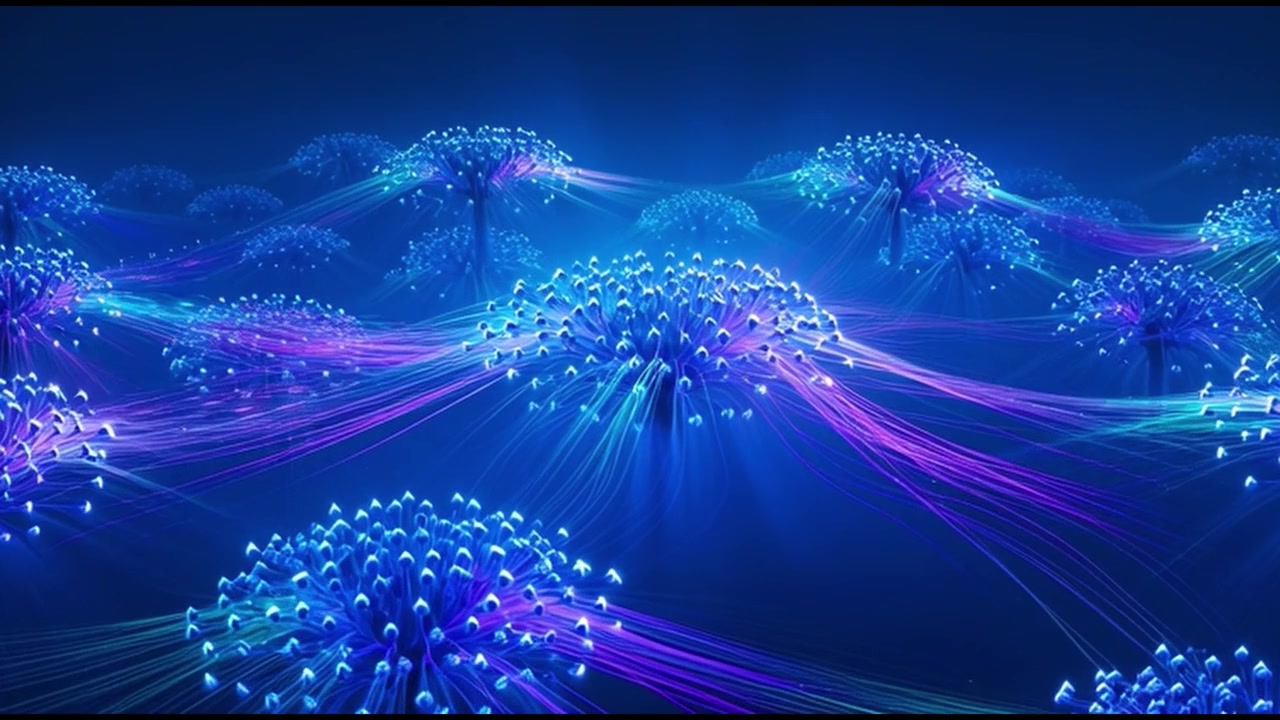 Abstrakte digitale netværksknudepunkter med glødende fiberoptiske forbindelser