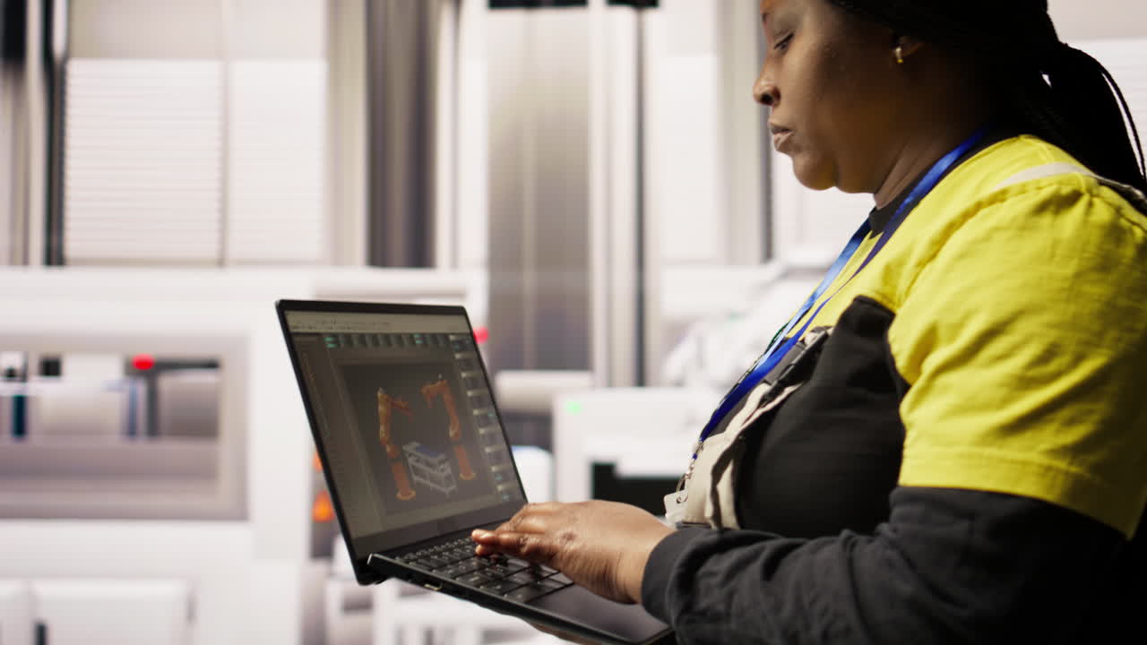 Vertical video Technician in industrial plant monitors production equipment using laptop
