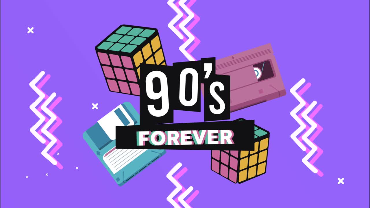 los años 90 para siempre con letras con cubos de rubik y disquete en el fondo de estilo retro de memphis