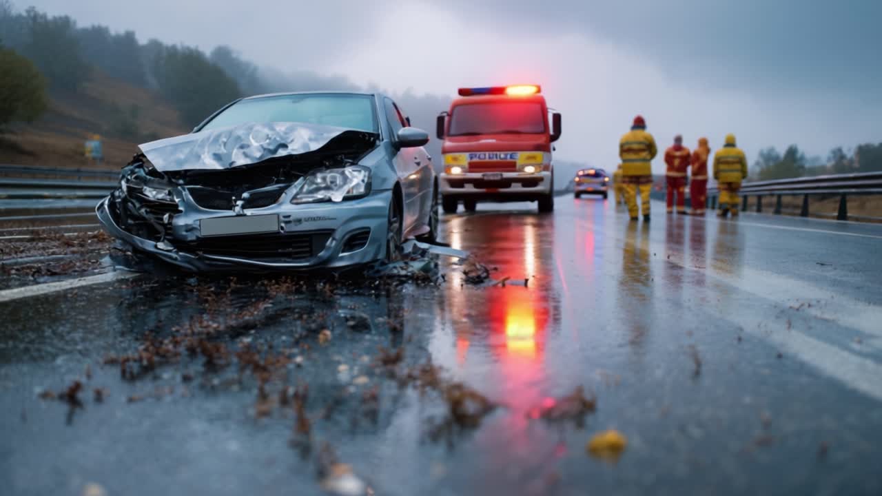 Uma cena dramática de um acidente envolvendo vários veículos com equipes de resgate na chuva, destacando as consequências de uma colisão em uma estrada molhada sob céus sombrios.