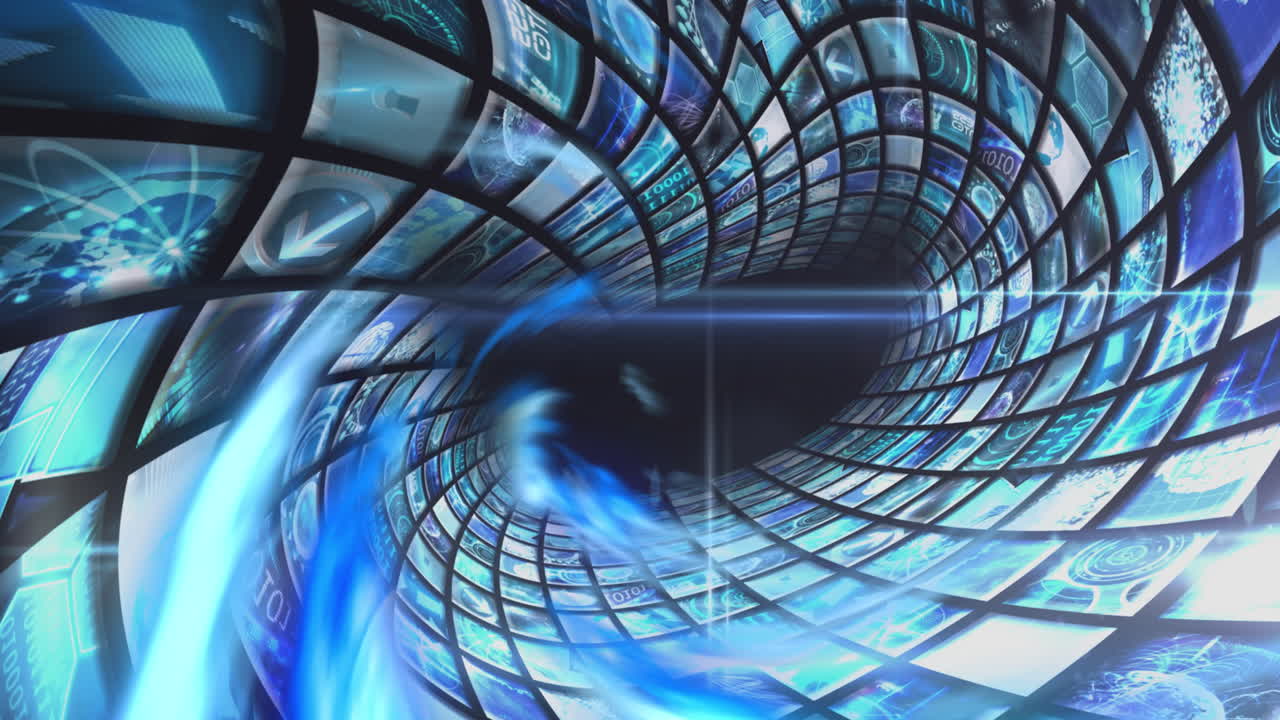 animación de un túnel hecho de luces azules y pantallas