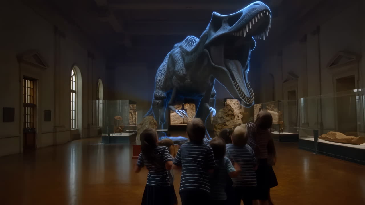 Children Explore a Holographic Dinosaur Exhibit in a Museum