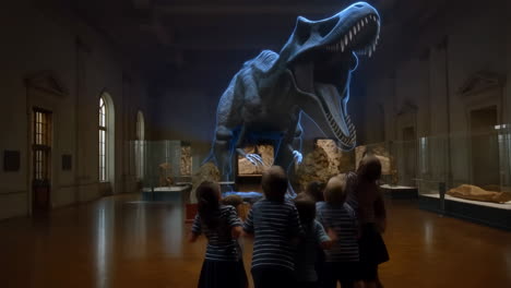 children explore a holographic dinosaur exhibit in a museum