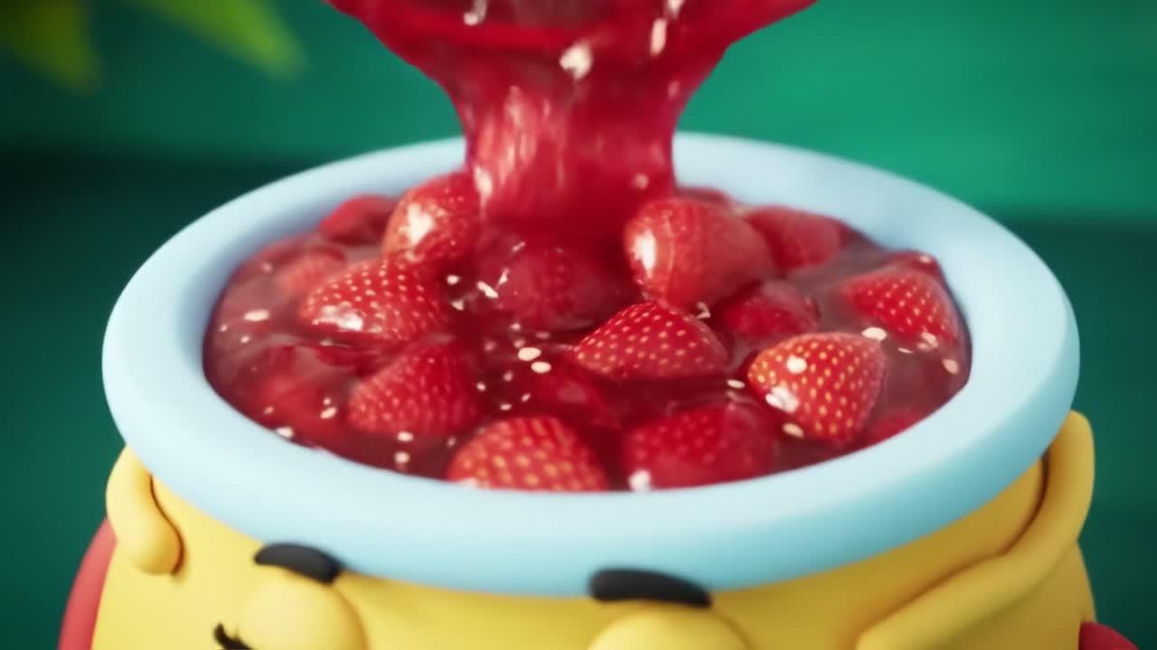 A Delightful Jar Overflowing with Fresh Strawberries and Glossy Red Syrup, Showcasing a Playful Design with a Smiling Face and Cheerful Colors in a Whimsical Setting