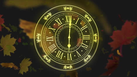 animation of yellow clock with fast moving hands over falling autumn leaves on black background